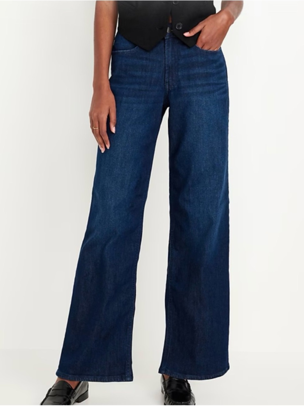 Old Navy dark wash Wow High-Waist Wide-Leg trouser jeans.